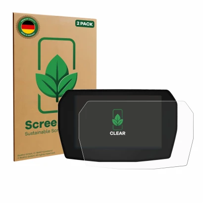 Face avant d’un emballage produit avec le logo de la marque ScreenLeaf. À côté, l’appareil Ducati Multistrada V2 2025 est repr