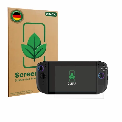 Face avant d’un emballage produit avec le logo de la marque ScreenLeaf. À côté, l’appareil Lenovo Legion Go Gen 2 est représen