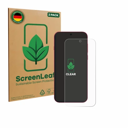 Face avant d’un emballage produit avec le logo de la marque ScreenLeaf. À côté, l’appareil Oppo Find X9 est représenté avec la