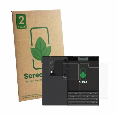 Face avant d’un emballage produit avec le logo de la marque ScreenLeaf. À côté, l’appareil Unihertz Titan 2 (Avant+Caméra) est