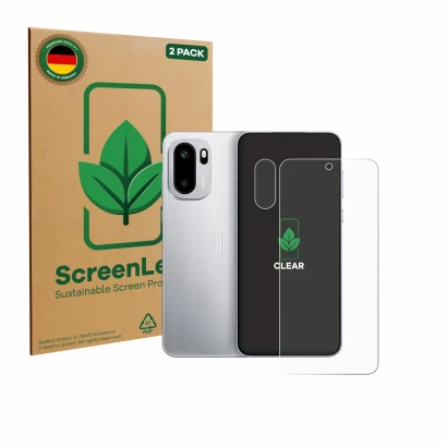 Face avant d’un emballage produit avec le logo de la marque ScreenLeaf. À côté, l’appareil OnePlus 15R (Avant+Caméra) est repr