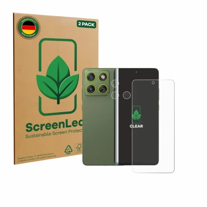 Face avant d’un emballage produit avec le logo de la marque ScreenLeaf. À côté, l’appareil Motorola Edge 70 (Avant+Caméra) est