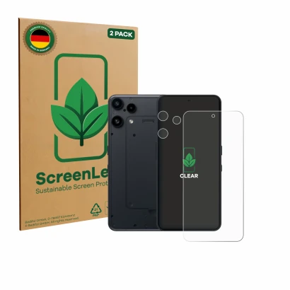 Face avant d’un emballage produit avec le logo de la marque ScreenLeaf. À côté, l’appareil Nothing Phone (3a) Lite (Avant+Camé