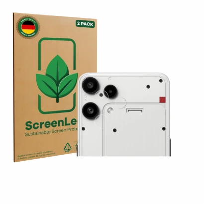 Face avant d’un emballage produit avec le logo de la marque ScreenLeaf. À côté, l’appareil Nothing Phone (3a) Lite (Caméra UNI
