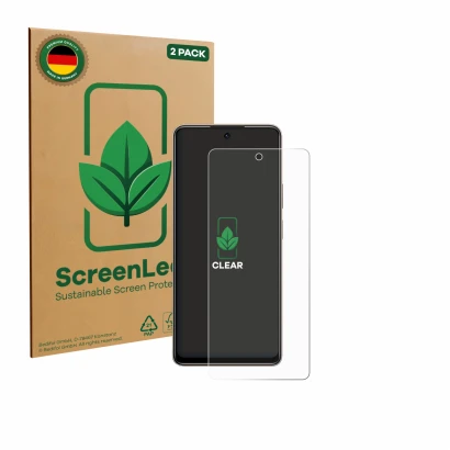 Face avant d’un emballage produit avec le logo de la marque ScreenLeaf. À côté, l’appareil Tecno Pova 7 est représenté avec la