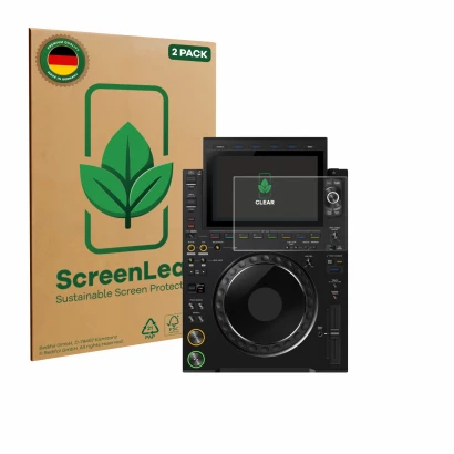Face avant d’un emballage produit avec le logo de la marque ScreenLeaf. À côté, l’appareil Pioneer CDJ 3000X est représenté av