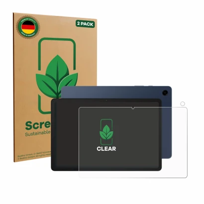 Face avant d’un emballage produit avec le logo de la marque ScreenLeaf. À côté, l’appareil Samsung Galaxy Tab A9 Plus (Avant+C