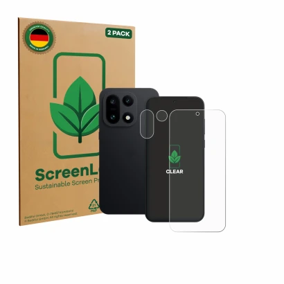 Face avant d’un emballage produit avec le logo de la marque ScreenLeaf. À côté, l’appareil OnePlus 15 (Avant+Caméra) est repré