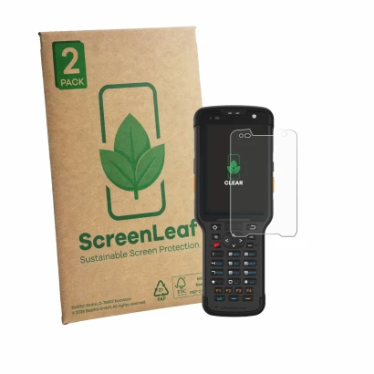 Face avant d’un emballage produit avec le logo de la marque ScreenLeaf. À côté, l’appareil Newland Speedata SD35 Leo est repré