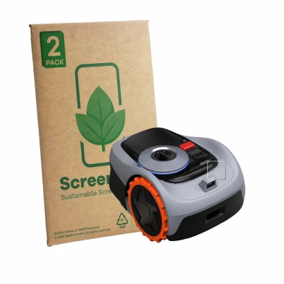 Face avant d’un emballage produit avec le logo de la marque ScreenLeaf. À côté, l’appareil Navimow i105E+ est représenté avec 
