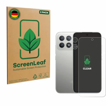 Face avant d’un emballage produit avec le logo de la marque ScreenLeaf. À côté, l’appareil Xiaomi Poco F8 Pro (Avant+Caméra) e