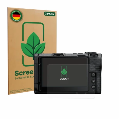 Face avant d’un emballage produit avec le logo de la marque ScreenLeaf. À côté, l’appareil Nikon ZR 2025 est représenté avec l