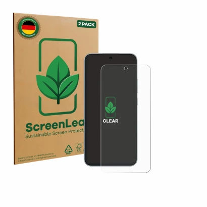 Face avant d’un emballage produit avec le logo de la marque ScreenLeaf. À côté, l’appareil Oppo F31 est représenté avec la pro