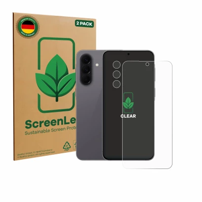 Face avant d’un emballage produit avec le logo de la marque ScreenLeaf. À côté, l’appareil Samsung Galaxy A57 5G (Avant+Caméra