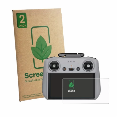 Face avant d’un emballage produit avec le logo de la marque ScreenLeaf. À côté, l’appareil DJI RC 2 2025 est représenté avec l