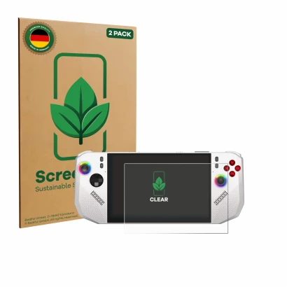 Face avant d’un emballage produit avec le logo de la marque ScreenLeaf. À côté, l’appareil MSI Claw A8 BZ2EM est représenté av