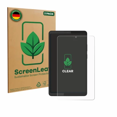 Face avant d’un emballage produit avec le logo de la marque ScreenLeaf. À côté, l’appareil Lenovo Tab K9 est représenté avec l