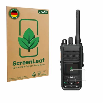 Face avant d’un emballage produit avec le logo de la marque ScreenLeaf. À côté, l’appareil Hytera HP565 est représenté avec la