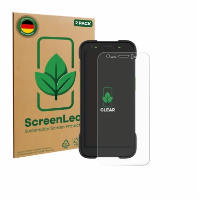 Face avant d’un emballage produit avec le logo de la marque ScreenLeaf. À côté, l’appareil Zebra TC701 est représenté avec la 