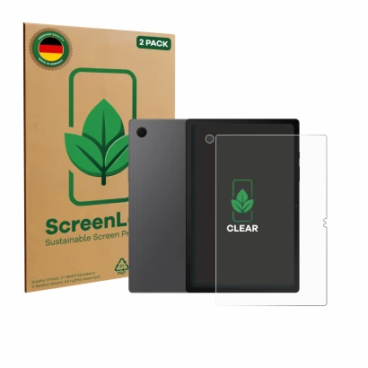 Face avant d’un emballage produit avec le logo de la marque ScreenLeaf. À côté, l’appareil Samsung Galaxy Tab A8 (Avant+Caméra