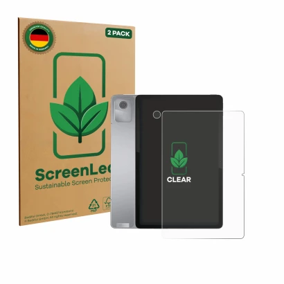 Face avant d’un emballage produit avec le logo de la marque ScreenLeaf. À côté, l’appareil Lenovo Tab M11 (Avant+Caméra) est r