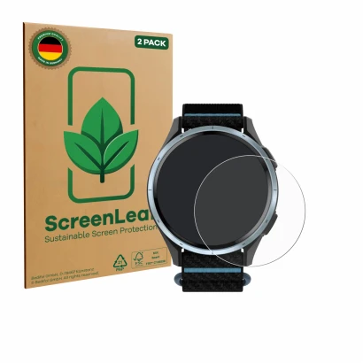 Face avant d’un emballage produit avec le logo de la marque ScreenLeaf. À côté, l’appareil Garmin Approach J1 est représenté a