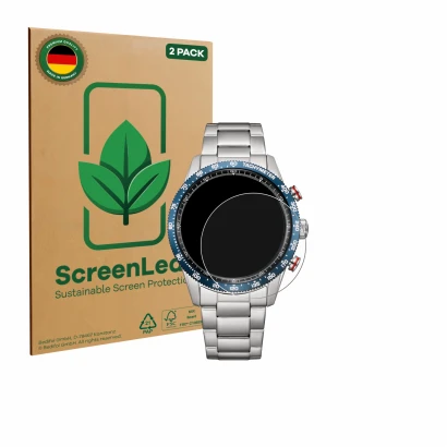 Face avant d’un emballage produit avec le logo de la marque ScreenLeaf. À côté, l’appareil Citizen CA4716-50L est représenté a