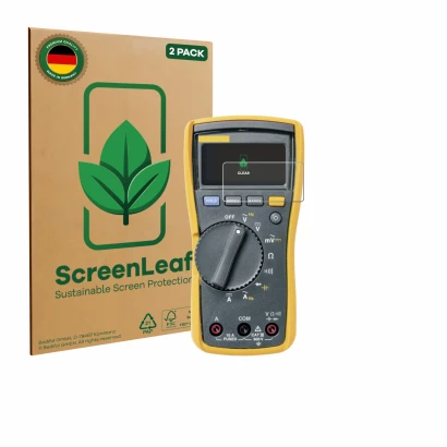 Face avant d’un emballage produit avec le logo de la marque ScreenLeaf. À côté, l’appareil Fluke MultiMeter 115 est représenté