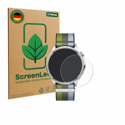 Face avant d’un emballage produit avec le logo de la marque ScreenLeaf. À côté, l’appareil Oppo Watch S est représenté avec la