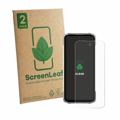 Face avant d’un emballage produit avec le logo de la marque ScreenLeaf. À côté, l’appareil Doogee Blade 20 Max est représenté 