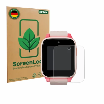 Face avant d’un emballage produit avec le logo de la marque ScreenLeaf. À côté, l’appareil TCL Movetime Kids Watch MT46 est re