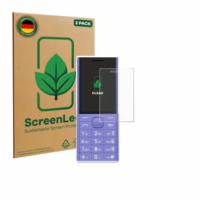 Face avant d’un emballage produit avec le logo de la marque ScreenLeaf. À côté, l’appareil Nokia 150 Music est représenté avec