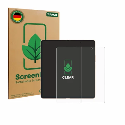 Face avant d’un emballage produit avec le logo de la marque ScreenLeaf. À côté, l’appareil Honor Magic V6 (Affichage interne) 