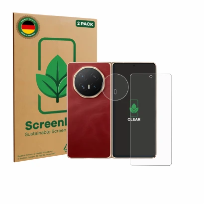 Face avant d’un emballage produit avec le logo de la marque ScreenLeaf. À côté, l’appareil Honor Magic V6 (Avant+Caméra) est r