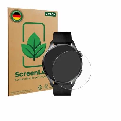 Face avant d’un emballage produit avec le logo de la marque ScreenLeaf. À côté, l’appareil Xiaomi Watch 5 (47 mm) est représen