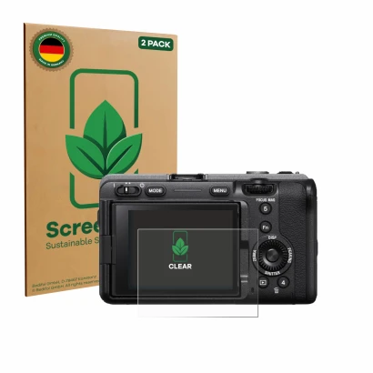 Face avant d’un emballage produit avec le logo de la marque ScreenLeaf. À côté, l’appareil Sony FX3A (ILME‑FX3A) est représent