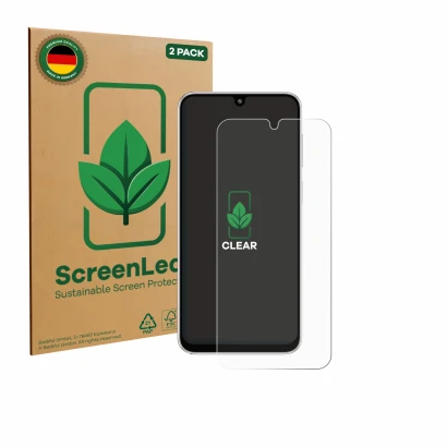 Face avant d’un emballage produit avec le logo de la marque ScreenLeaf. À côté, l’appareil Samsung Galaxy M36 est représenté a