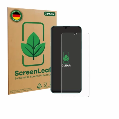 Face avant d’un emballage produit avec le logo de la marque ScreenLeaf. À côté, l’appareil Huawei Enjoy 70 est représenté avec