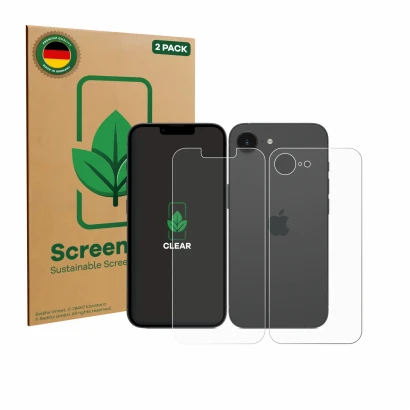 Face avant d’un emballage produit avec le logo de la marque ScreenLeaf. À côté, l’appareil Apple iPhone 17e (Avant+Arrière) es