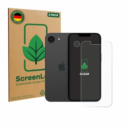 Face avant d’un emballage produit avec le logo de la marque ScreenLeaf. À côté, l’appareil Apple iPhone 17e (Avant+Caméra) est