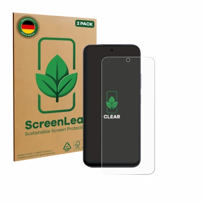 Face avant d’un emballage produit avec le logo de la marque ScreenLeaf. À côté, l’appareil Oppo A6x 4G est représenté avec la 