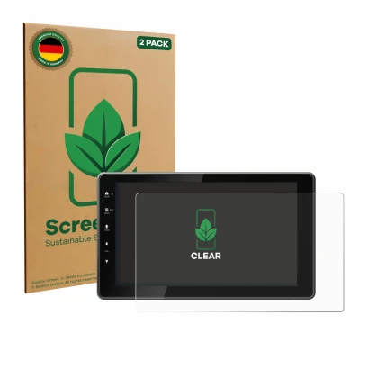 Face avant d’un emballage produit avec le logo de la marque ScreenLeaf. À côté, l’appareil Kenwood DMX-F920DS est représenté a