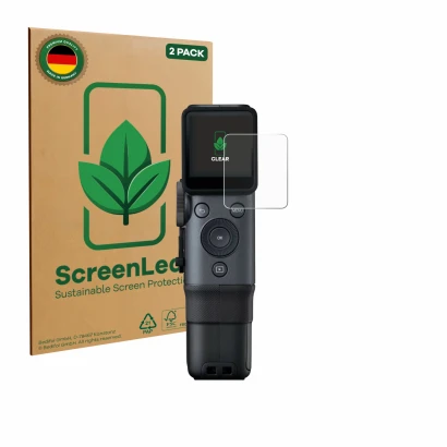 Face avant d’un emballage produit avec le logo de la marque ScreenLeaf. À côté, l’appareil Fujifilm Instax Mini Evo Cinema est