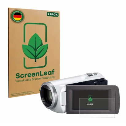 Face avant d’un emballage produit avec le logo de la marque ScreenLeaf. À côté, l’appareil Panasonic HC-V480MS est représenté 