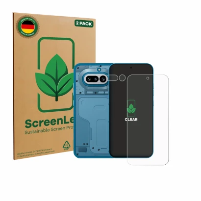 Face avant d’un emballage produit avec le logo de la marque ScreenLeaf. À côté, l’appareil Nothing Phone (4a) (Avant+Caméra) e