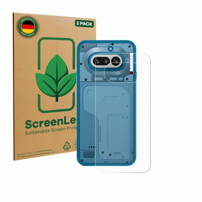 Face avant d’un emballage produit avec le logo de la marque ScreenLeaf. À côté, l’appareil Nothing Phone (4a) (Arrière) est re