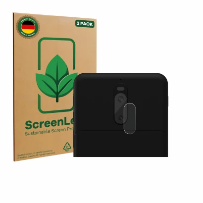 Face avant d’un emballage produit avec le logo de la marque ScreenLeaf. À côté, l’appareil Shiftphones Shiftphone 8.1 (Caméra 