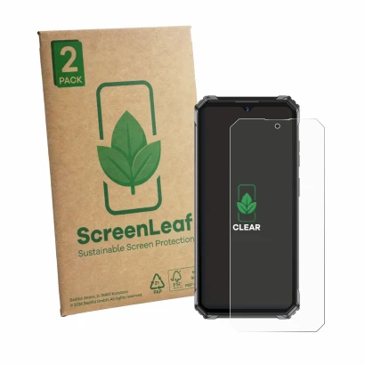 Face avant d’un emballage produit avec le logo de la marque ScreenLeaf. À côté, l’appareil Oukitel G7 est représenté avec la p