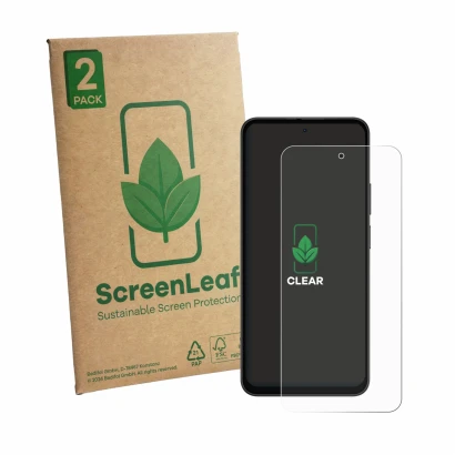 Face avant d’un emballage produit avec le logo de la marque ScreenLeaf. À côté, l’appareil Doogee B10 Pro est représenté avec 