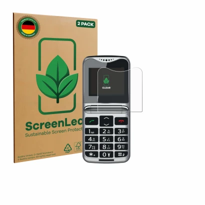 Face avant d’un emballage produit avec le logo de la marque ScreenLeaf. À côté, l’appareil bea-fon Fold 10 LTE est représenté 